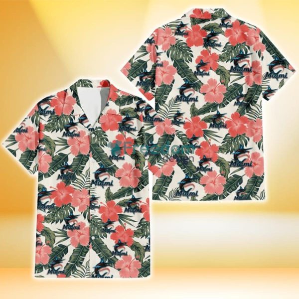 Miami Marlins Pink Coral Hibiscus Banana Leaf Beige Background 3D Hawaiian Shirt Gift For Fans