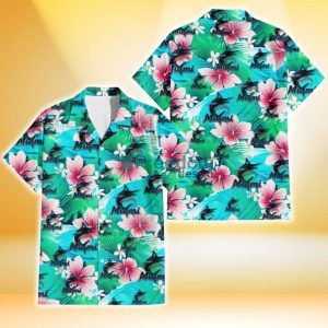 Miami Marlins Pink Hibiscus Green Leaf Blue Background 3D Hawaiian Shirt Gift For Fans