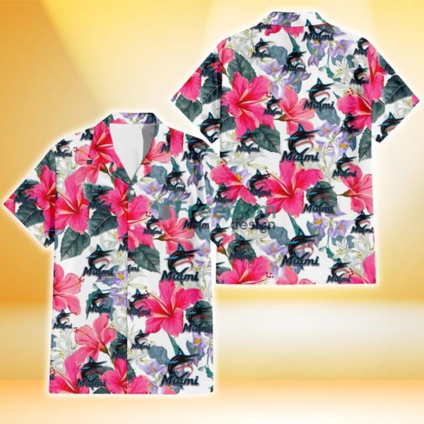 Miami Marlins Pink Hibiscus White Orchid White Background 3D Hawaiian Shirt Gift For Fans