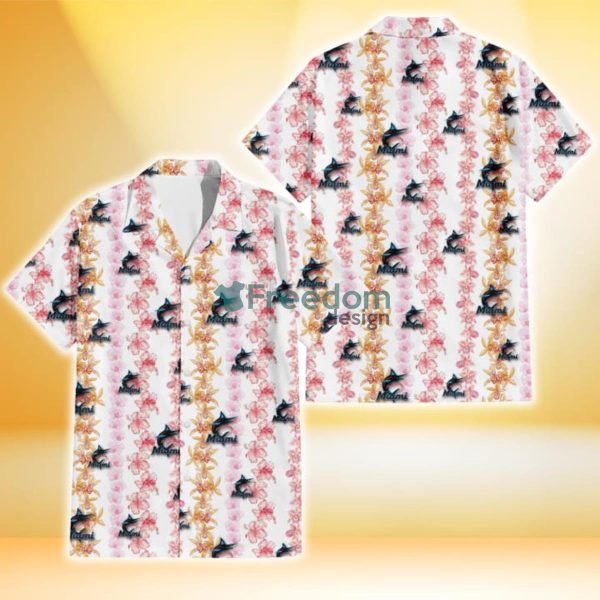 Miami Marlins Pink Hibiscus Yellow Pink Orchid White Background 3D Hawaiian Shirt Gift For Fans