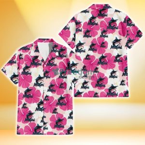 Miami Marlins Pink White Hibiscus Misty Rose Background 3D Hawaiian Shirt Gift For Fans