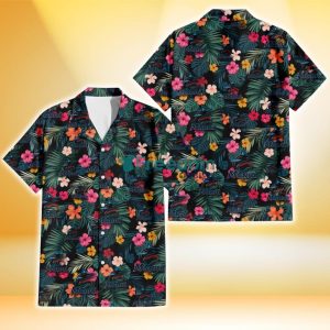 Miami Marlins Pink Yellow Orange Hibiscus Big Tropical Leaf Black Background 3D Hawaiian Shirt Gift For Fans