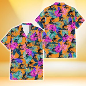 Miami Marlins Purple Hibiscus Neon Leaf Orange Background 3D Hawaiian Shirt Gift For Fans
