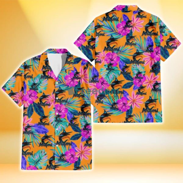 Miami Marlins Purple Hibiscus Neon Leaf Orange Background 3D Hawaiian Shirt Gift For Fans