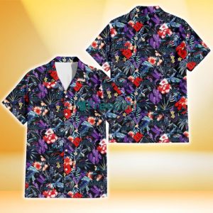 Miami Marlins Red Hibiscus Caro Black Background 3D Hawaiian Shirt Gift For Fans