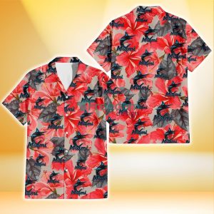 Miami Marlins Red Hibiscus Gray Leaf Beige Background 3D Hawaiian Shirt Gift For Fans