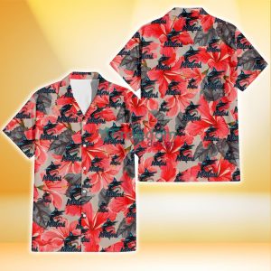 Miami Marlins Red Hibiscus Gray Leaf Gainsboro Background 3D Hawaiian Shirt Gift For Fans