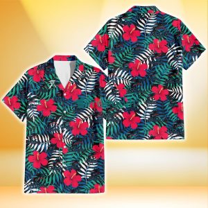 Miami Marlins Red Hibiscus Green Blue White Leaf Black Background 3D Hawaiian Shirt Gift For Fans