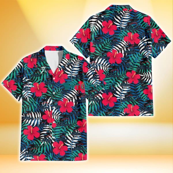 Miami Marlins Red Hibiscus Green Blue White Leaf Black Background 3D Hawaiian Shirt Gift For Fans