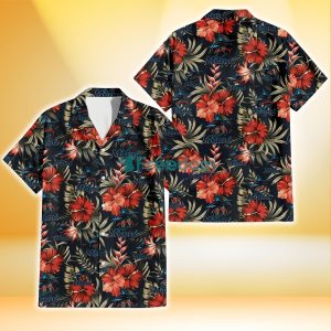 Miami Marlins Red Hibiscus Green Leaf Dark Background 3D Hawaiian Shirt Gift For Fans