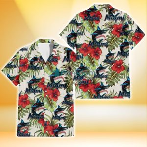 Miami Marlins Red Hibiscus Green Tropical Leaf Cream Background 3D Hawaiian Shirt Gift For Fans