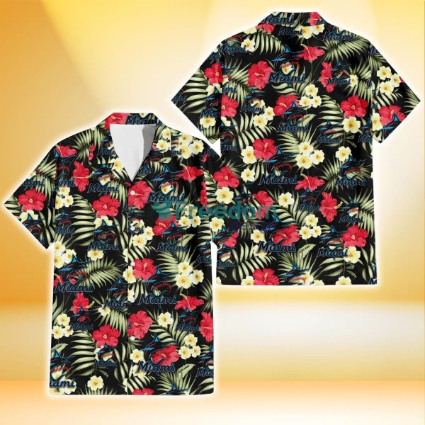 Miami Marlins Red Hibiscus Yellow Porcelain Flower Black Background 3D Hawaiian Shirt Gift For Fans