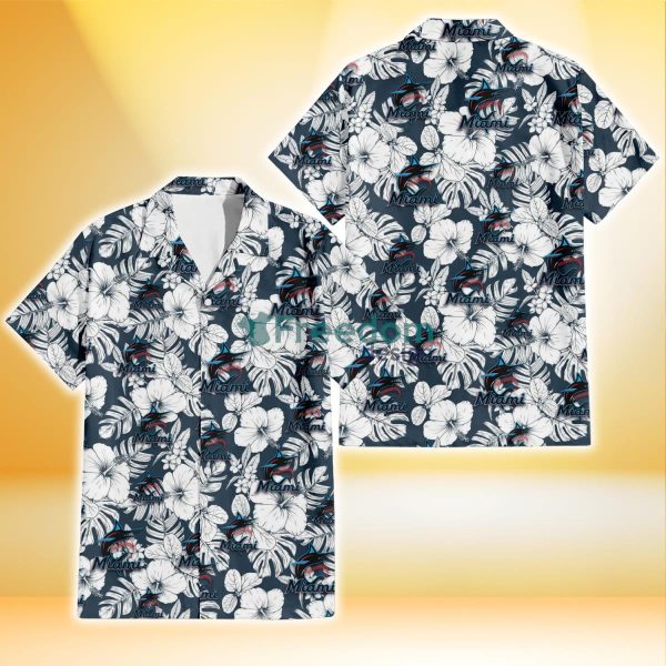 Miami Marlins Sketch Hibiscus Leaf Dark Gray Background 3D Hawaiian Shirt Gift For Fans