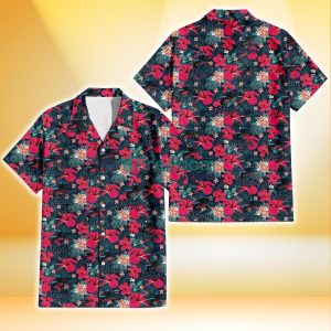 Miami Marlins Tiny Red Hibiscus White Porcelain Flower Black Background 3D Hawaiian Shirt Gift For Fans