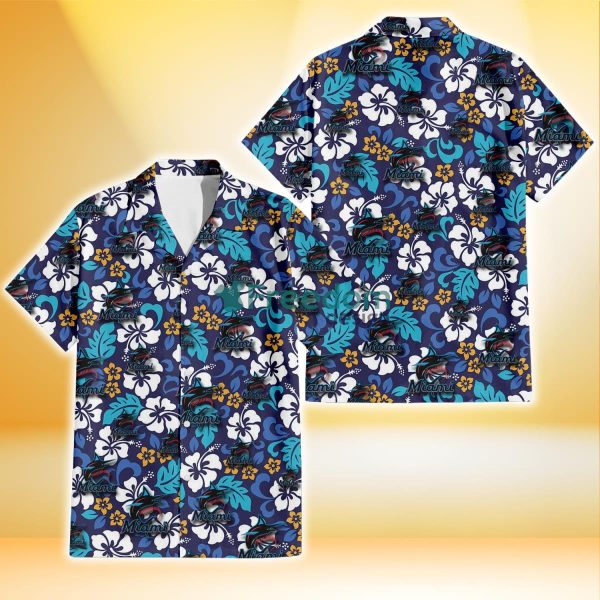 Miami Marlins White Hibiscus Ceramic Style Navy Background 3D Hawaiian Shirt Gift For Fans