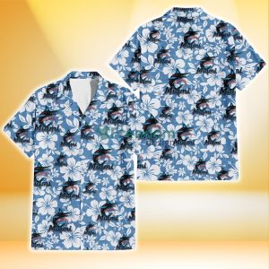 Miami Marlins White Hibiscus Light Blue Texture Background 3D Hawaiian Shirt Gift For Fans