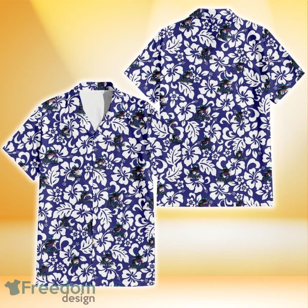 Miami Marlins White Hibiscus Pattern Slate Blue Background 3D Hawaiian Shirt Gift For Fans