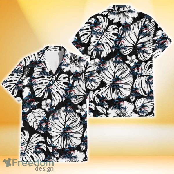 Miami Marlins White Hibiscus Porcelain Flower Palm Leaf Black 3D Hawaiian Shirt Gift For Fans