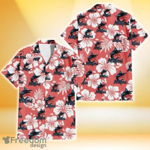 Miami Marlins White Hibiscus Salmon Background 3D Hawaiian Shirt Gift For Fans