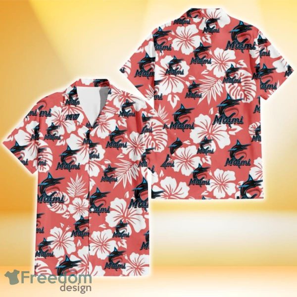 Miami Marlins White Hibiscus Salmon Background 3D Hawaiian Shirt Gift For Fans