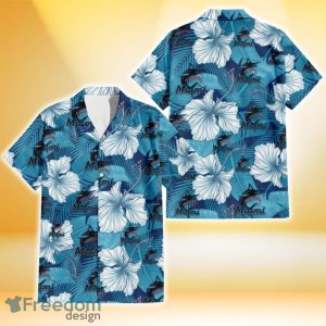 Miami Marlins White Hibiscus Turquoise Banana Leaf Navy Background 3D Hawaiian Shirt Gift For Fans