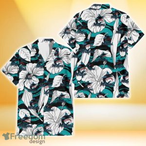 Miami Marlins White Hibiscus Turquoise Wave Black Background 3D Hawaiian Shirt Gift For Fans