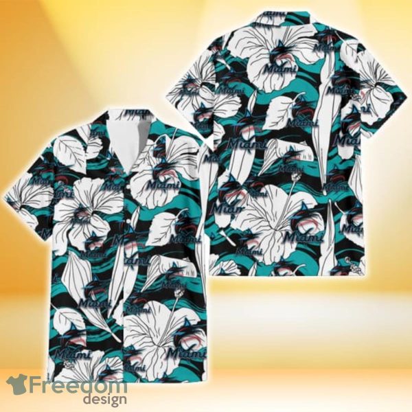Miami Marlins White Hibiscus Turquoise Wave Black Background 3D Hawaiian Shirt Gift For Fans