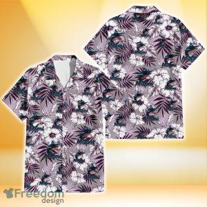 Miami Marlins White Hibiscus Violet Leaves Light Grey Background 3D Hawaiian Shirt Gift For Fans