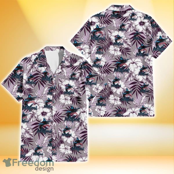 Miami Marlins White Hibiscus Violet Leaves Light Grey Background 3D Hawaiian Shirt Gift For Fans