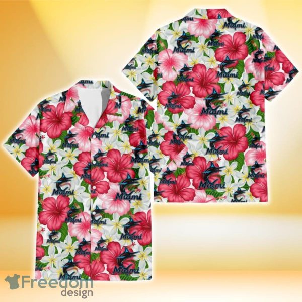 Miami Marlins White Porcelain Flower Pink Hibiscus White Background 3D Hawaiian Shirt Gift For Fans