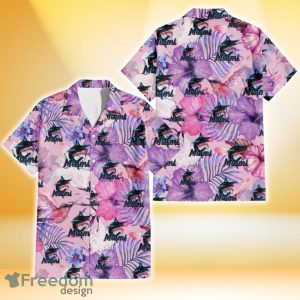 Miami Marlins White Purple Hibiscus Pink Hummingbird Pink Background 3D Hawaiian Shirt Gift For Fans