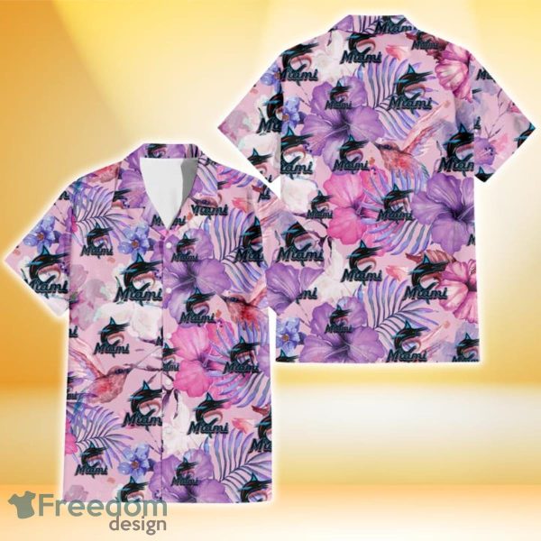 Miami Marlins White Purple Hibiscus Pink Hummingbird Pink Background 3D Hawaiian Shirt Gift For Fans