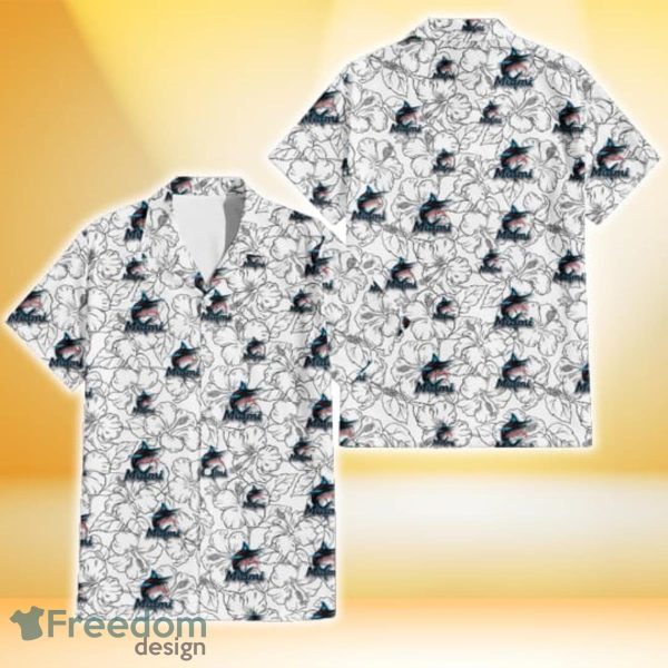 Miami Marlins White Sketch Hibiscus Pattern White Background 3D Hawaiian Shirt Gift For Fans