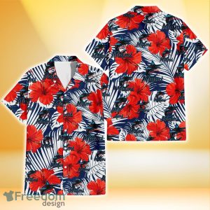 Miami Marlins White Tropical Leaf Red Hibiscus Navy Background 3D Hawaiian Shirt Gift For Fans
