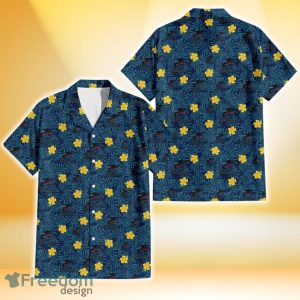 Miami Marlins Yellow Hibiscus Cadet Blue Leaf Navy Background 3D Hawaiian Shirt Gift For Fans