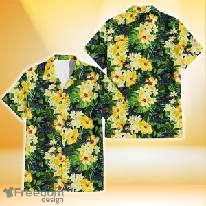 Miami Marlins Yellow Hibiscus Tropical Green Leaf Black Background 3D Hawaiian Shirt Gift For Fans